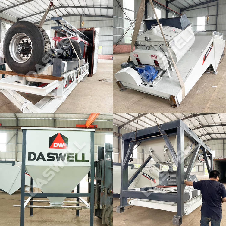 Mobile concrete batching plant machine delivering